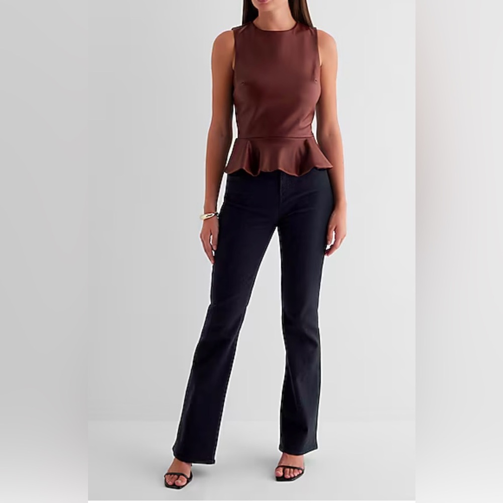SOLD EXPRESS Body Contour Brown Faux Leather Crew Neck Peplum Tank Brown XS - Picture 3 of 8
